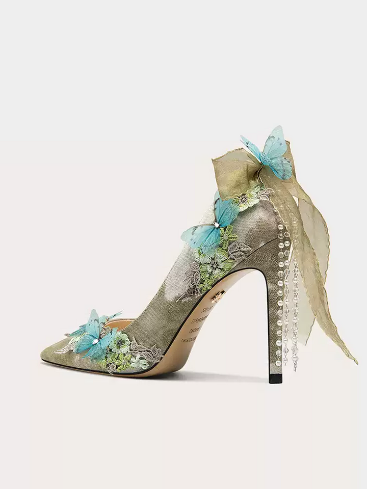 Lolita-Inspired Green Butterfly and Tassel High Heels for Fairy Aesthetic
