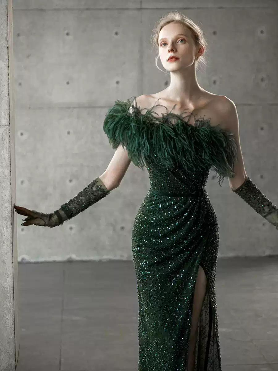 Green Off-the-Shoulder Sequin Evening Gown – Sequin and Feather Dress with High Slit Plus Size