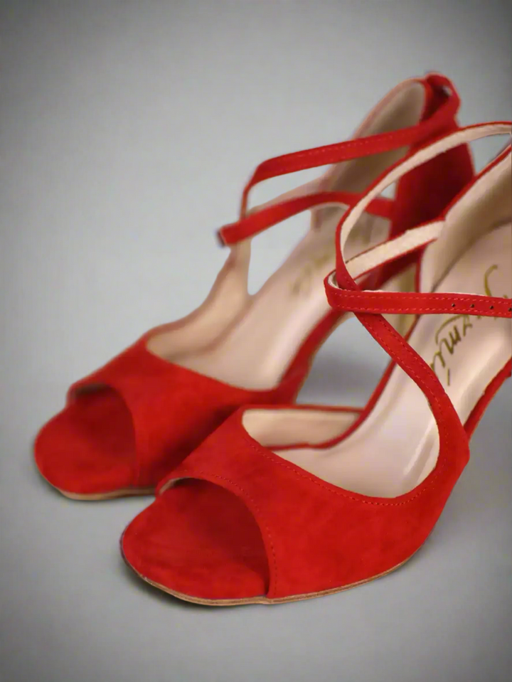 Handmade Tango Cowhide Leather Latin Dance Shoes in Red Suede with Gold High Heels