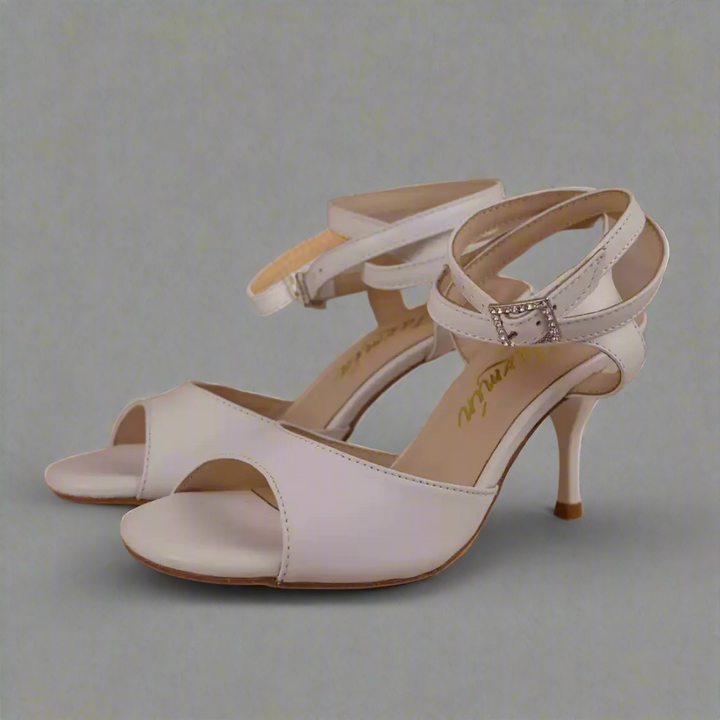 Handmade Tango Cowhide Leather Latin Dance Shoes with Rhinestone Buckle in White Leather