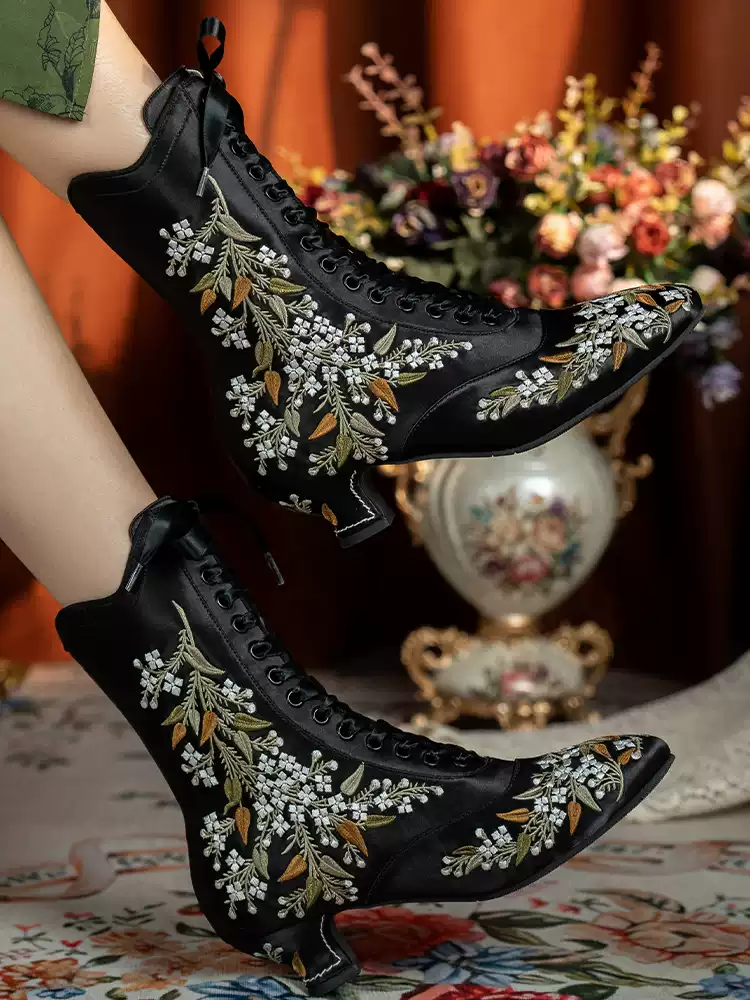 Handmade Victorian White Embroidered Silk Lace-Up Mid-Calf Boots with Lambskin Insole