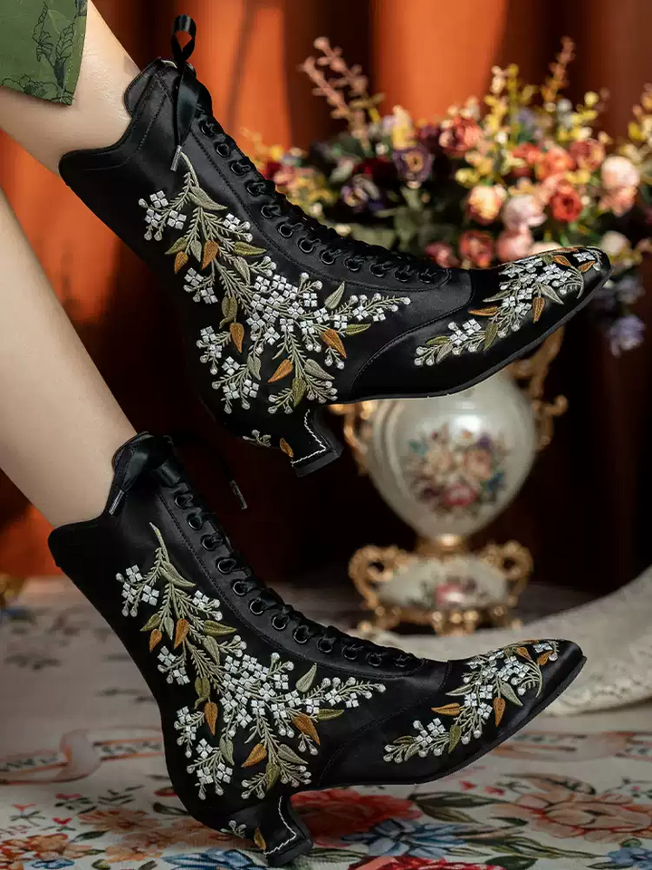 Handmade Victorian White Embroidered Silk Lace-Up Mid-Calf Boots with Lambskin Insole