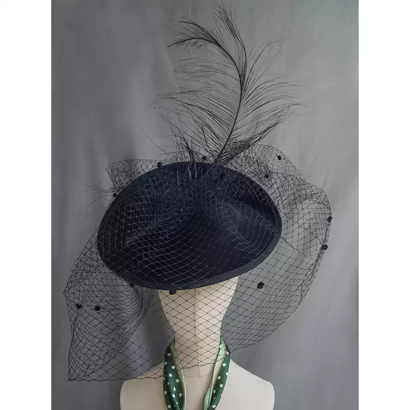 Black fascinator hat with feathers and veil (002) Dramatic Black Fascinator Hat with Feather - Black Bowler  main image 3