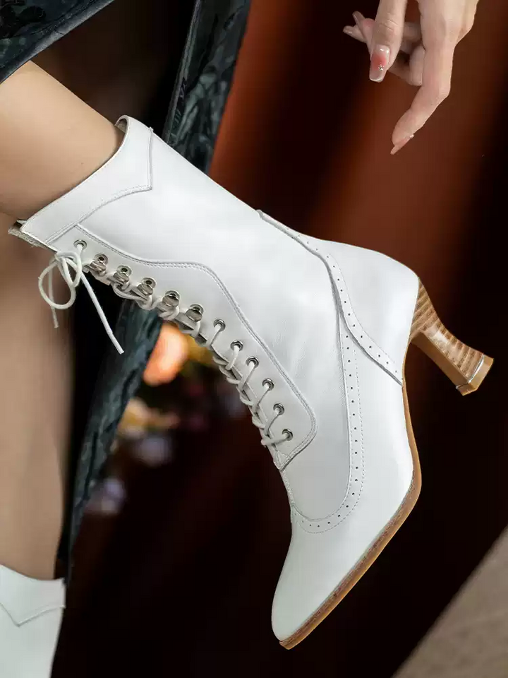Handmade Regency White Lace-Up Mid-Calf Cowhide Leather Boots