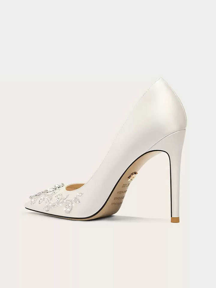 Bridal White Satin High Heels with Rhinestone Embellishments