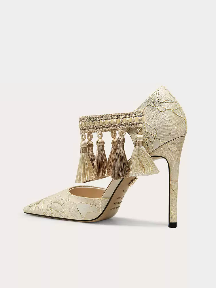 Elegant Beigi Embroidered Tassel Stiletto Heels with Pointed Toe Design
