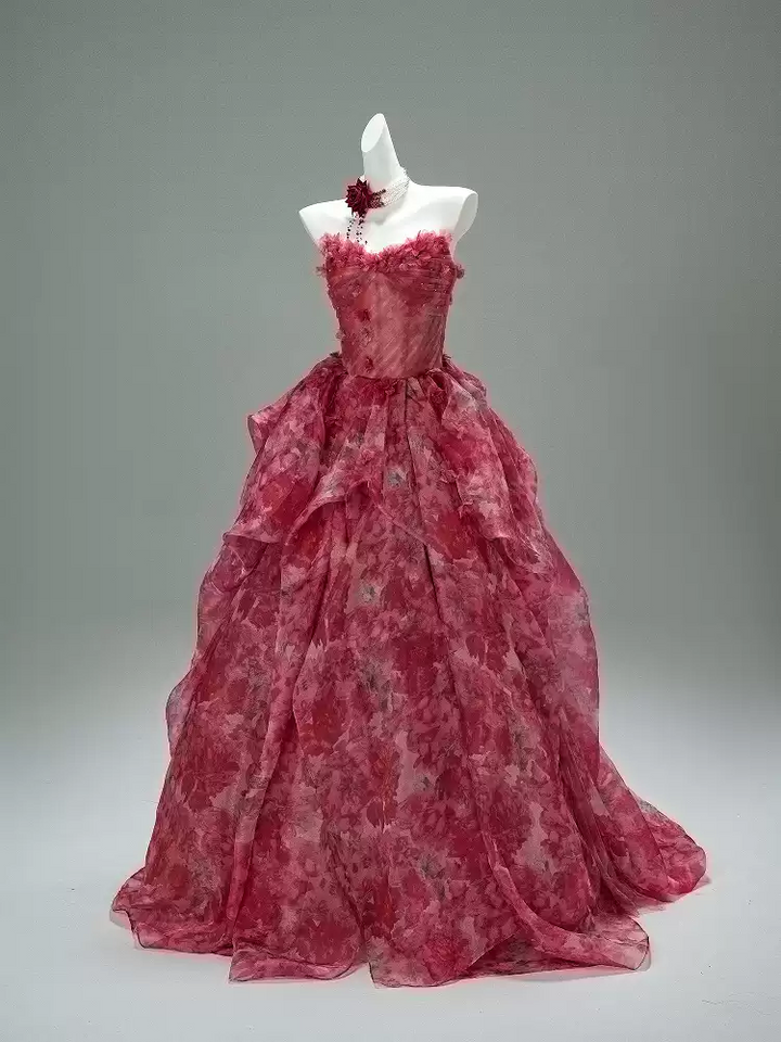 Flower Ball Gown Red Prom Dress – Strapless Evening Dress with Draped Floral Tulle Skirt Plus Size