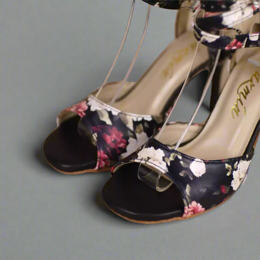 Handmade Tango Cowhide Leather Black Latin Dance Shoes with Floral Leather Upper and Cross Strap Design