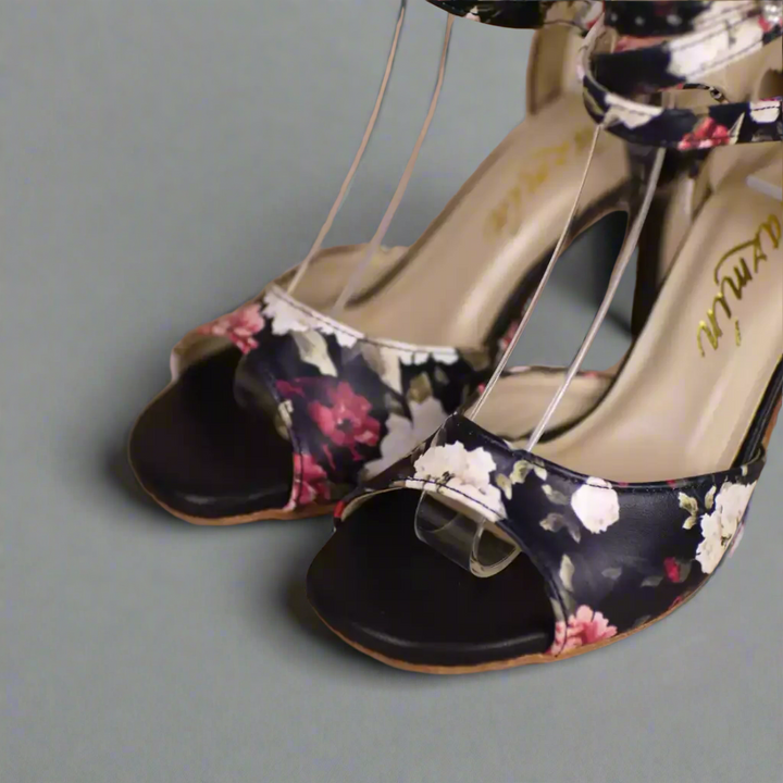 Handmade Tango Cowhide Leather Black Latin Dance Shoes with Floral Leather Upper and Cross Strap Design