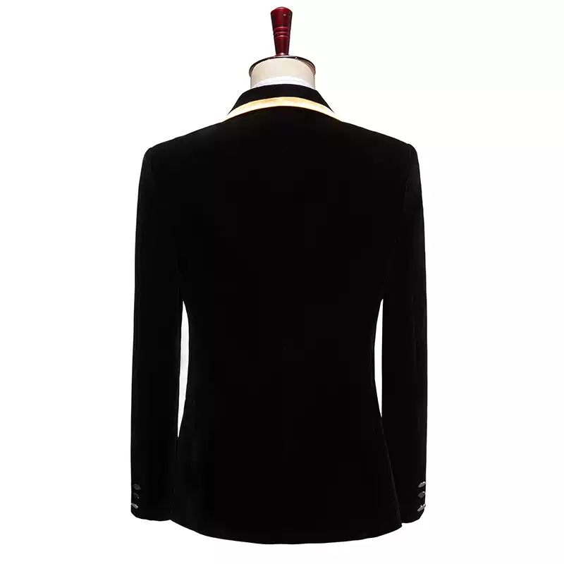 Black Baroque Mens Blazer – Velvet Suit Jacket with Gold Lapel Trim and Embroidered Detail Plus Size