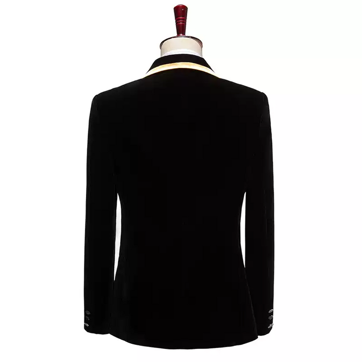 Black Baroque Mens Blazer – Velvet Suit Jacket with Gold Lapel Trim and Embroidered Detail Plus Size