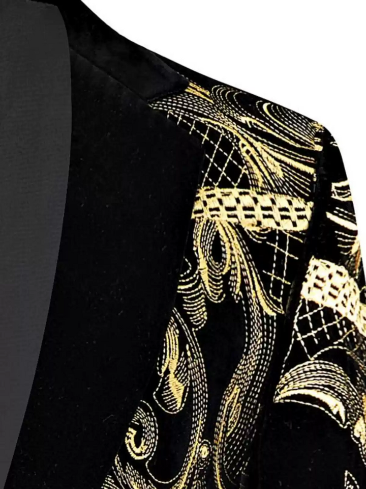 Black Baroque Mens Suit – Velvet Blazer and Pants Set with Gold Embroidered Pattern Plus Size