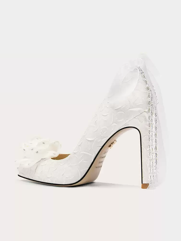 Vintage Inspired White Bridal High Heels with Tassel Detail and Bow