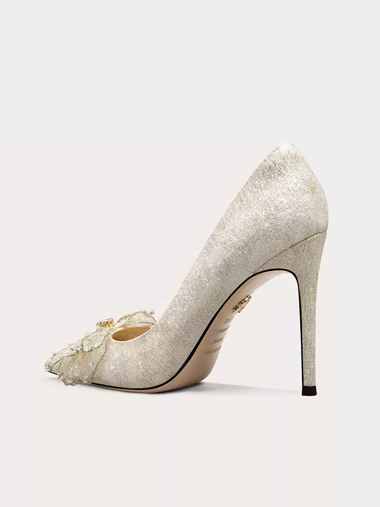 Bridal Bow-Embellished Gold Glitter High Heels - Pointed Toe Wedding Shoes