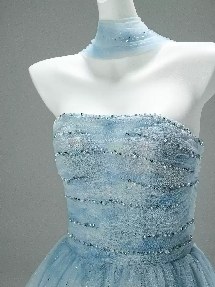 Light Blue Strapless Evening Dress with Beading – Corset Evening Dress with Lace-Up Back Plus Size