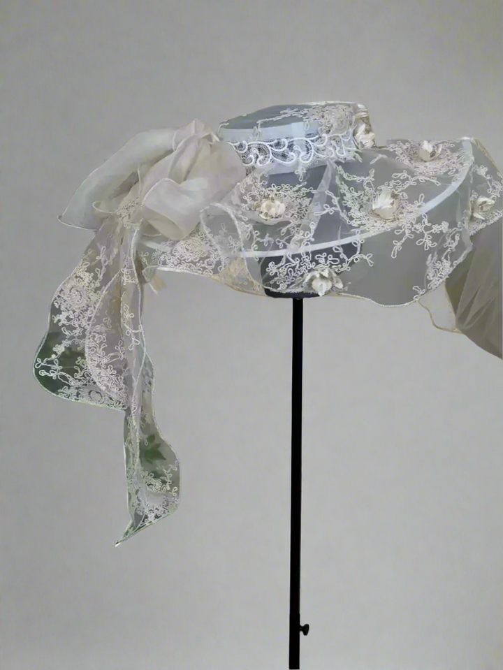 Vintage Beige Handcrafted Lace Hat with Ruffle Brim - Wedding Hats with Bow