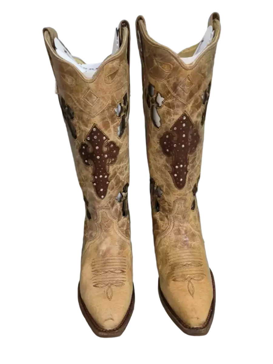 Vintage-Inspired Brown Western Cowgirl Boots with Embroidered Cutouts – Handmade Pointed Toe Boots