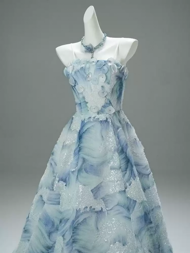 Light Blue Evening Dress with Floral Embellishments and Strapless – Floral Evening Dress with Lace-Up Back Plus Size
