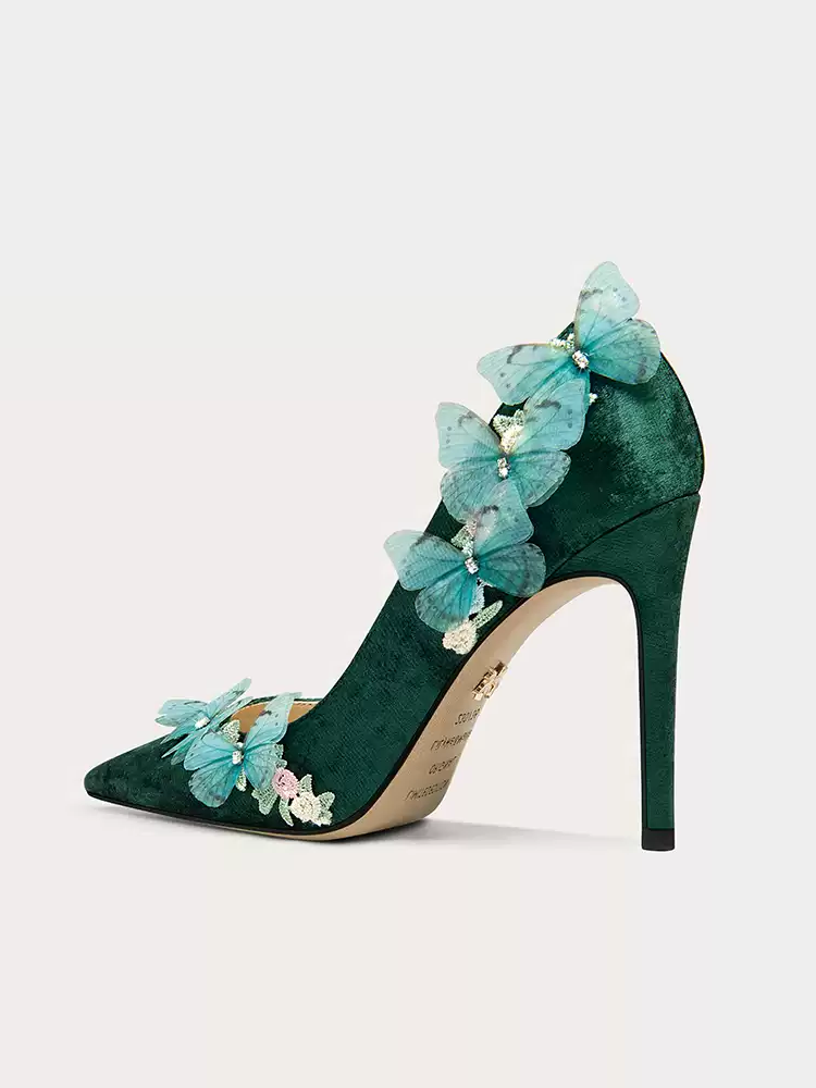 Vintage Inspired Green Velvet Pointed-Toe High Heels with Butterfly and Rhinestone Details