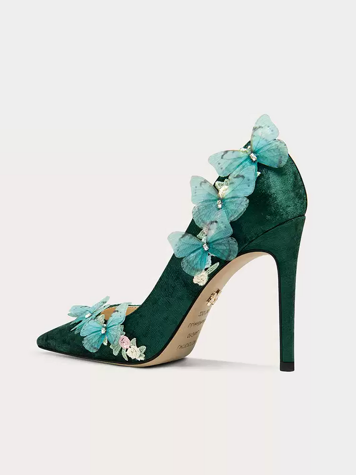 Vintage Inspired Green Velvet Pointed-Toe High Heels with Butterfly and Rhinestone Details