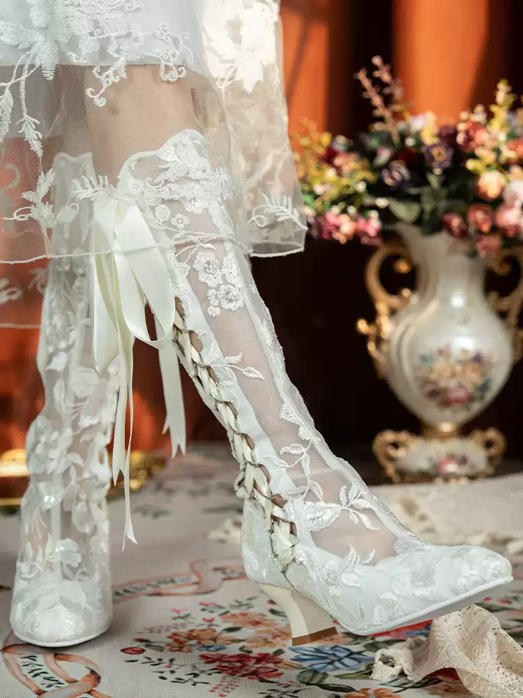 Handmade Victorian White Lace Lambskin Leather Boots with Satin Ribbon