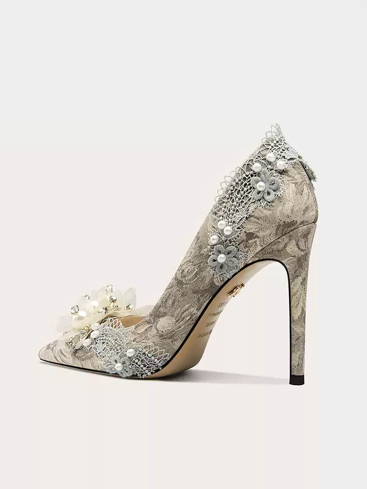 Victorian-Inspired Gray Floral High Heels with Beaded Detailing
