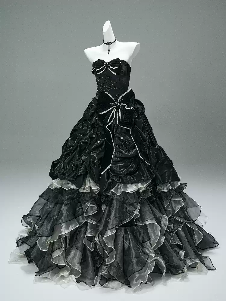 Black Gothic Ball Gown with Velvet Bows – Strapless Layered Tulle Ruffle Dress Plus Size