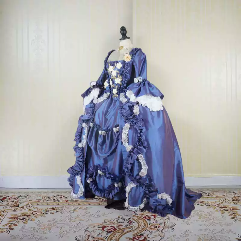 Royal Blue Rococo Ball Gown with Floral Lace and Ruffled Detailing – Victorian-Inspired Wedding Dress with Long Sleeves Plus Size