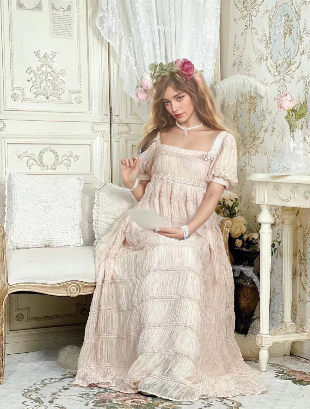 Romantic Regency Era Sandy Beige Lace Dress - Empire Waist Ball Gown Plus Size