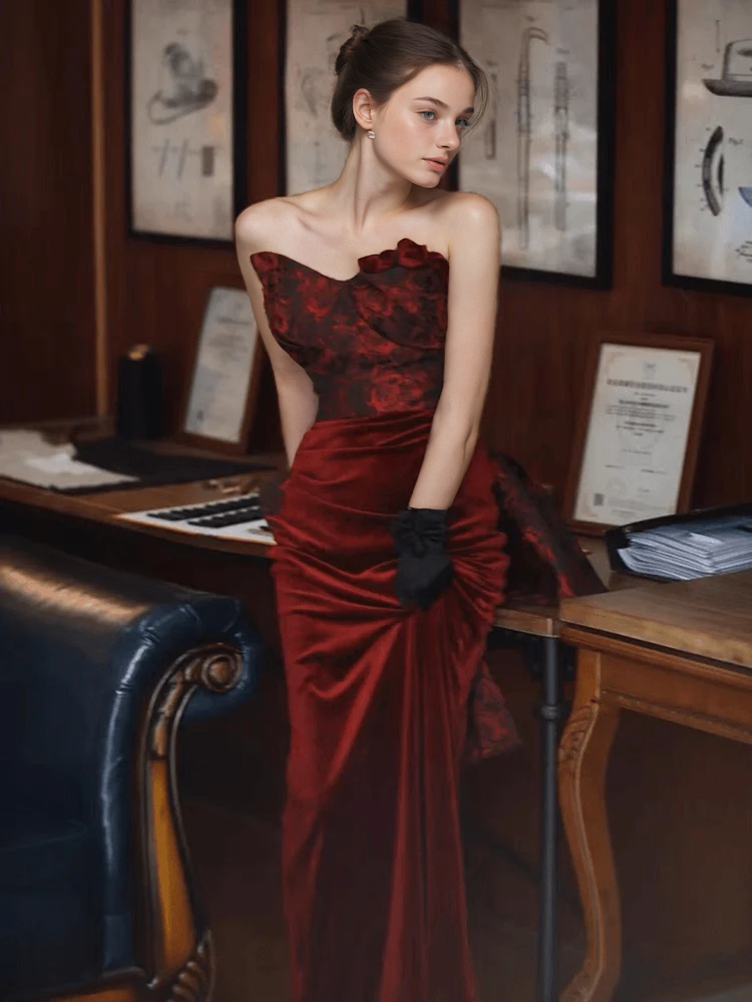 Gothic Burgundy Red Velvet Mermaid Formal Dress -Ball Gown Plus Size