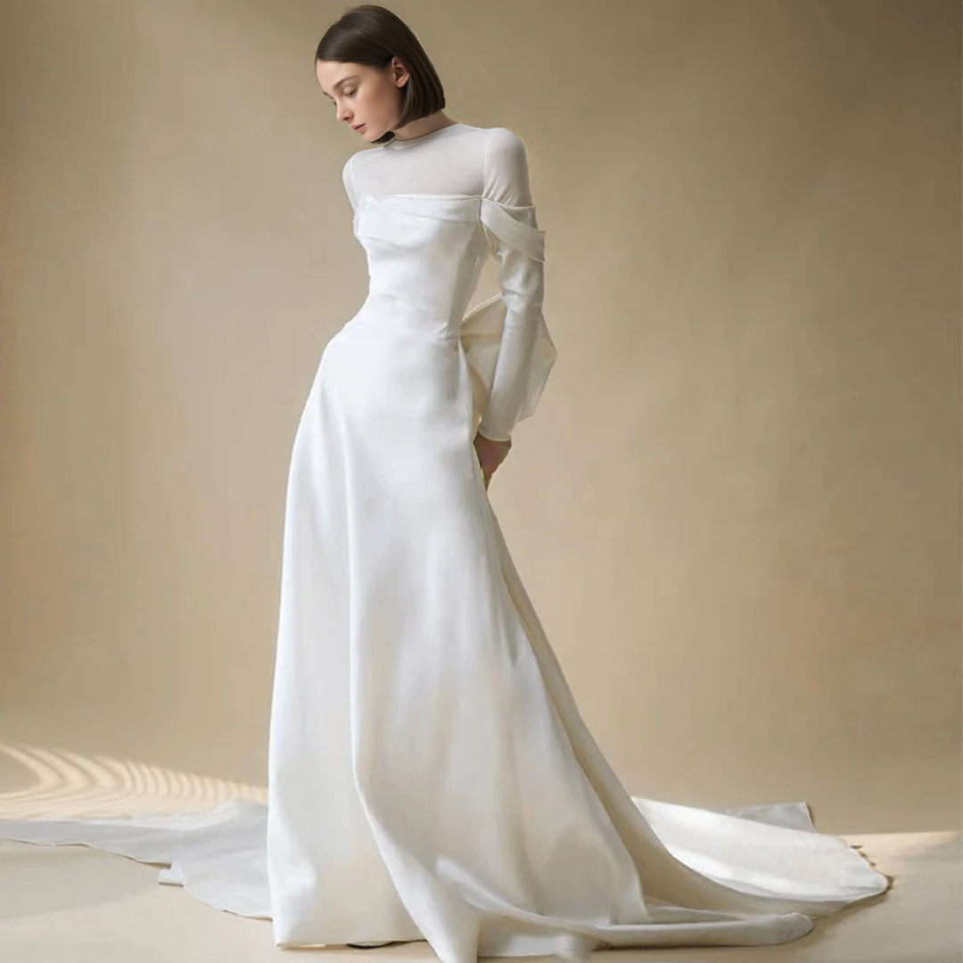 Boho Style Off Shoulder Satin Backless Wedding Dress With Long Sleeves -Simple Bridal Dress  Plus Size