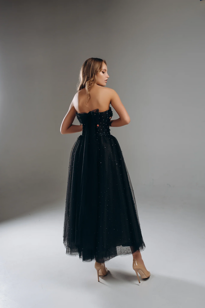 Black Designer Dress with Floral Embellishments – Strapless Midi Dress with Fitted Waist and Flowy Skirt Plus Size - IRENA