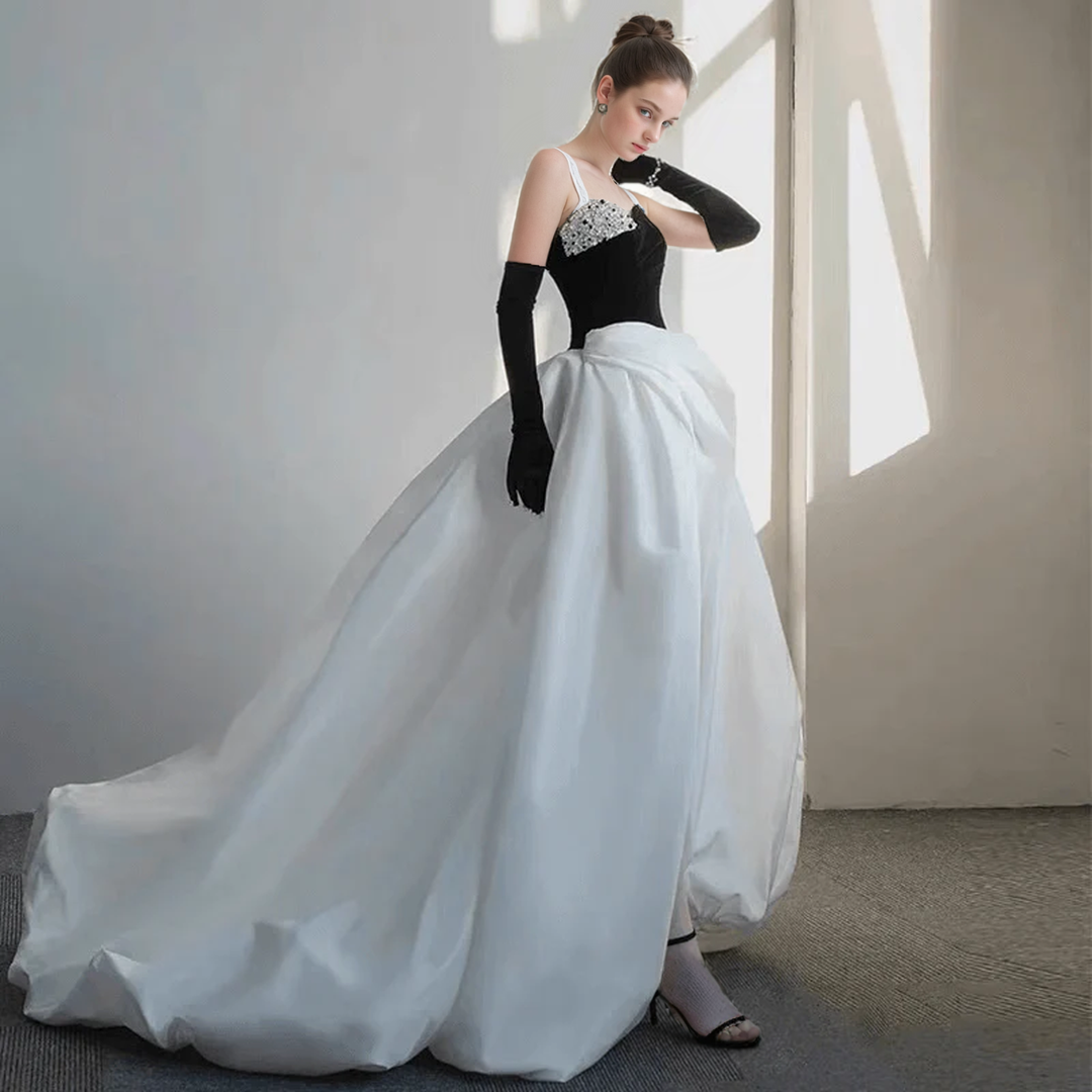 Gothic Black And White Off Shoulder Embellished Formal Dress - Evening Gown With Gloves Plus Size