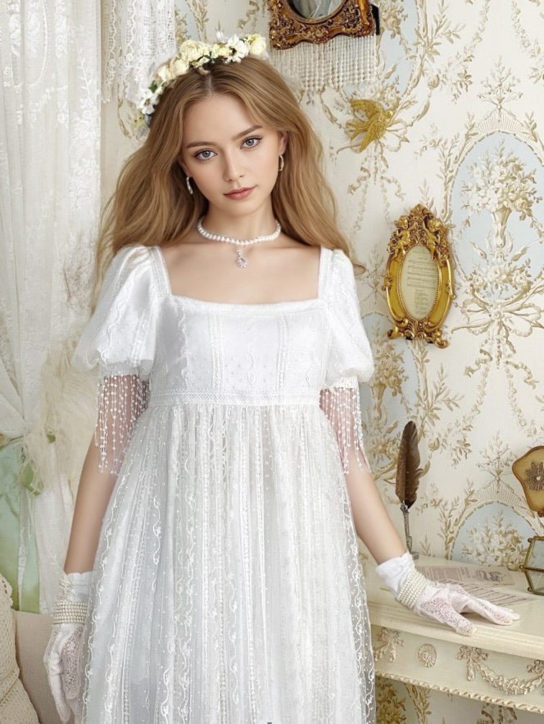 Romantic Regency Era White Lace Wedding Dress - Empire Waist Ball Gown Plus Size