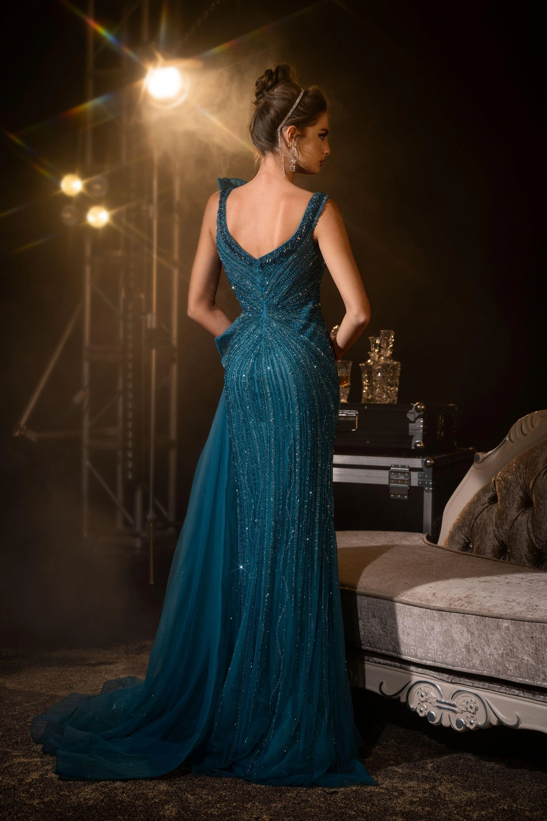 Gothic Teal Green Designer Sequin Gown with Draped Shoulder Detail - Teal Sequins Evening Gown and Side Slit Plus Size