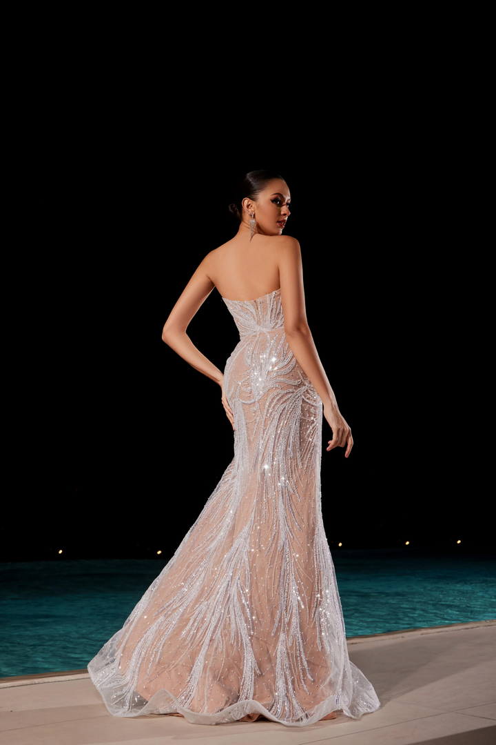 White Sequin Prom Dress Long with High Slit and Beaded Floral Detailing – White Sequin Dress with Sheer Train Plus Size