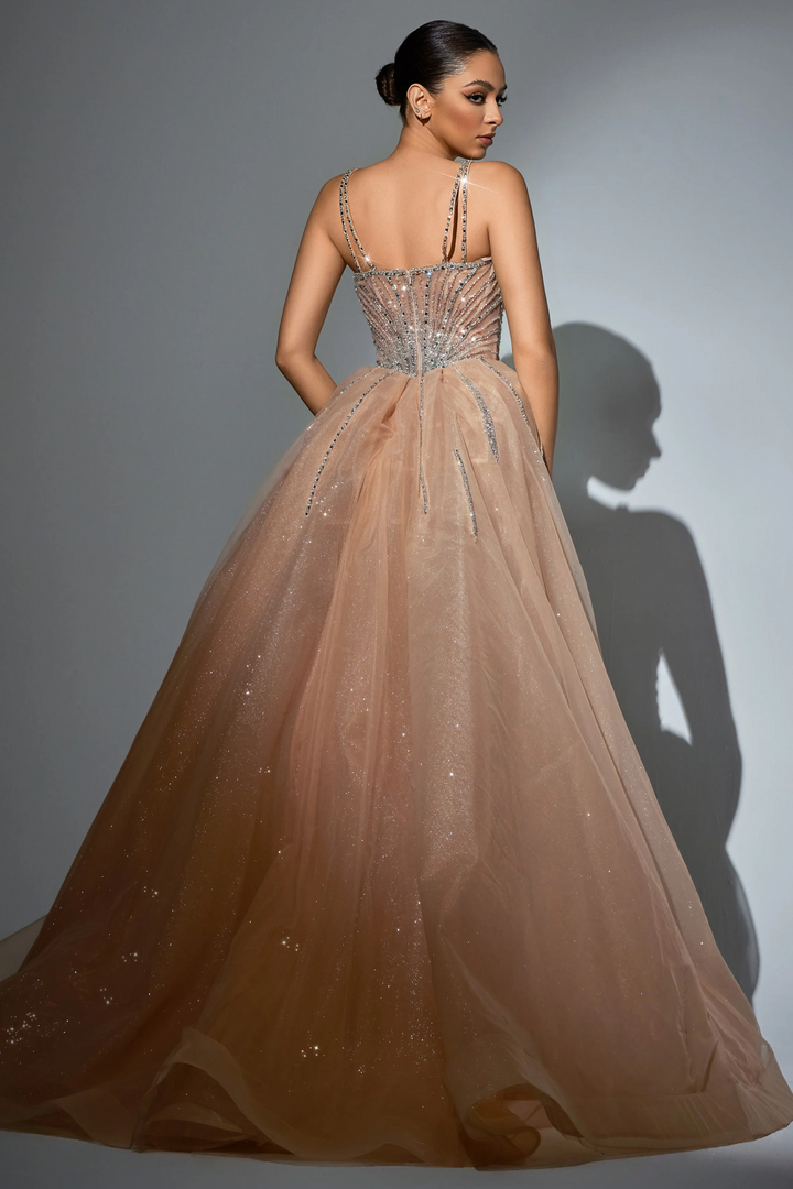 Pink Sequin Evening Gown with Beaded Corset – Sparkly Maxi Dress with High Slit and Tulle Skirt Plus Size