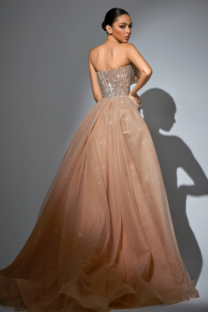 Black Sequin Evening Gown with Beaded Corset – Strapless Glitter Maxi Dress with High Slit and Sheer Train Plus Size