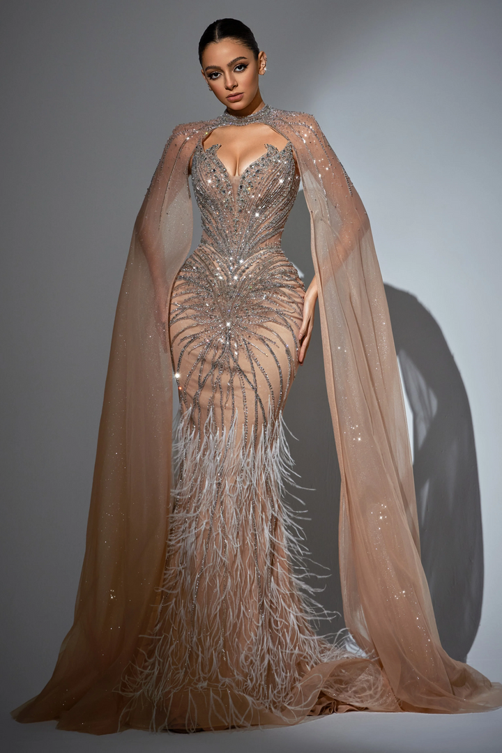 Champagne Sequin and Feather Dress - Designer Sequin Gown with Beaded Corset – Strapless Glitter Dress with Sheer Cape and High Slit Plus Size