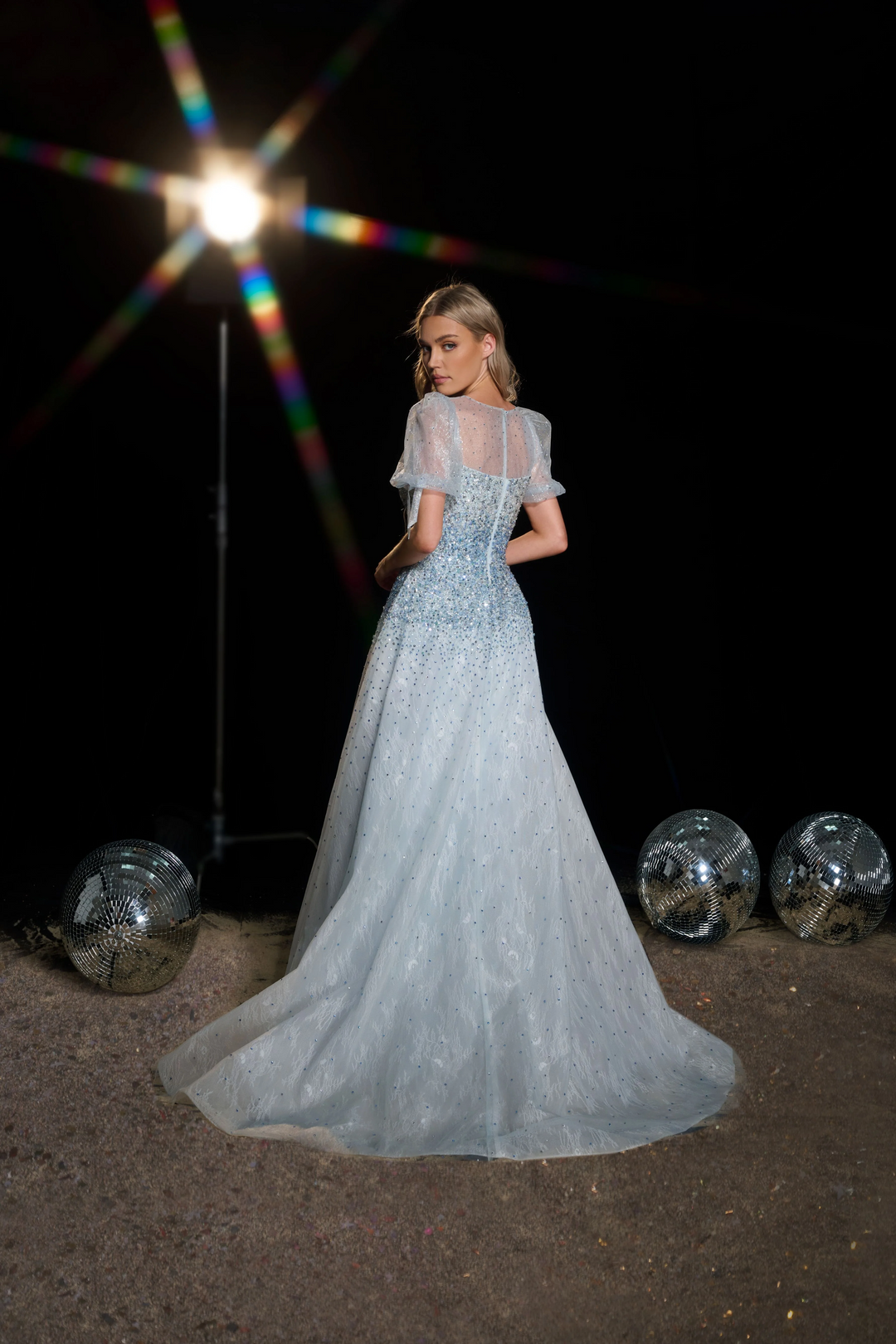 Baby Blue Sequin Ball Gown with Puff Sleeves - Embellished Gown with Sweetheart Neckline - Sparkly Blue Sequin Dress Plus Size