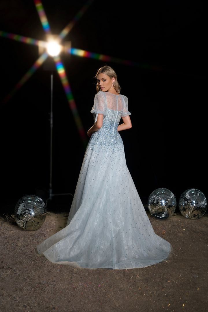 Baby Blue Sequin Ball Gown with Puff Sleeves - Embellished Gown with Sweetheart Neckline - Sparkly Blue Sequin Dress Plus Size