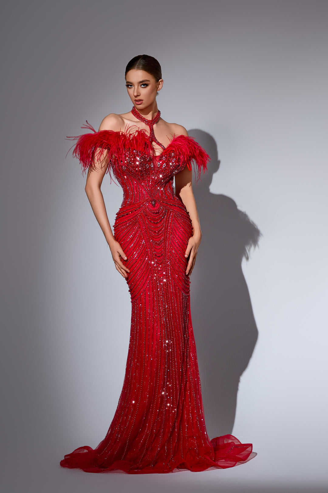 Gothic Red Sequin Dress with Feather Shoulders and Pearl Embellished B WonderlandByLilian Gothic Red Sequin Dress with Feather Shoulders and Pearl Embellished B WonderlandByLilian
