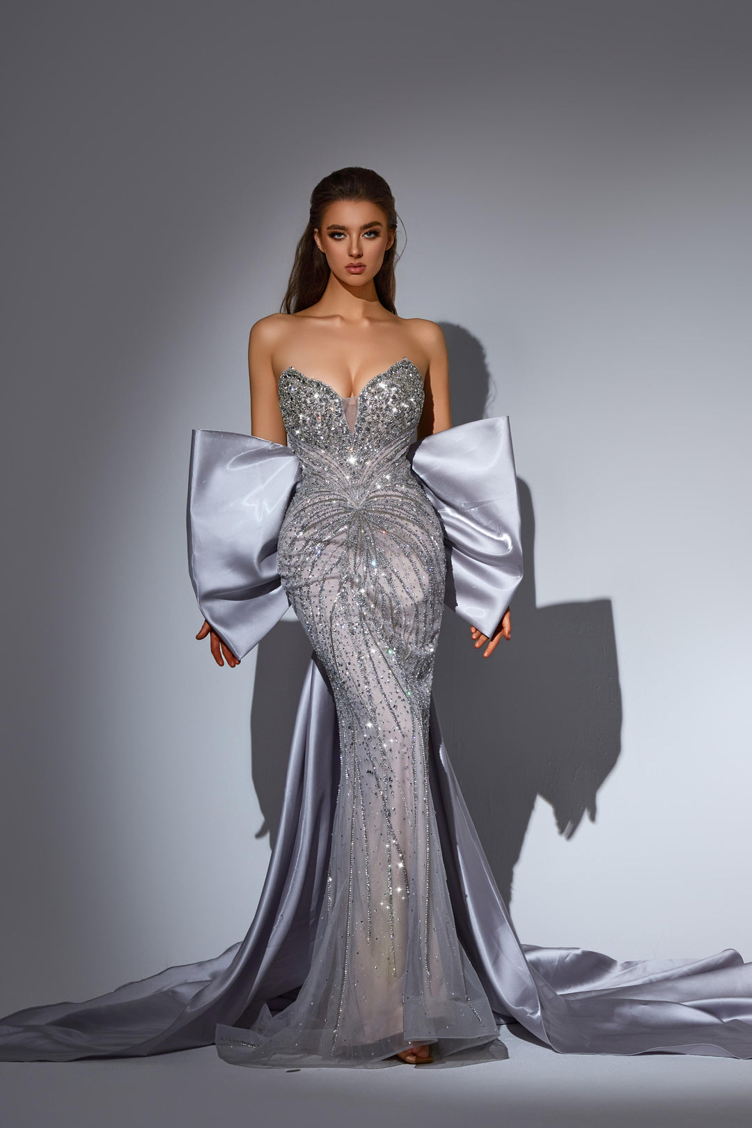 Grey Sequin Dress with Sweetheart Bodice – Sparkly Maxi Dress with Convertible Bow Plus Size