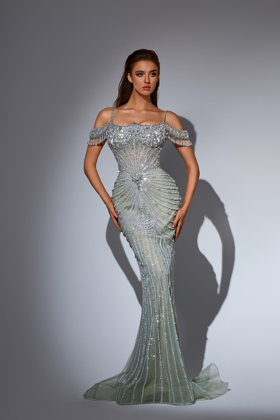 Mint Green Sequin Dress with Pearl Embellished Bodice and Cold Shoulder Sleeves Embellished Gown Plus Size Mint Green Sequin Dress with Pearl Embellished Bodice and Cold Shoulder Sleeves Embellished Gown Plus Size