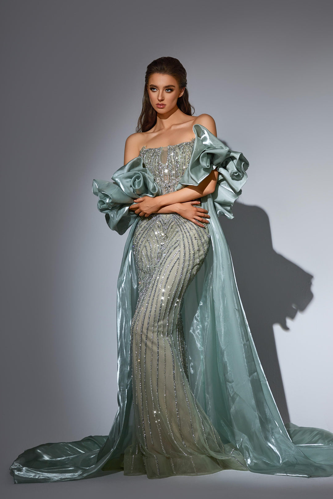 Mint Green Sequin Dress with Strapless Corset and Dramatic Overskirt    WonderlandByLilian