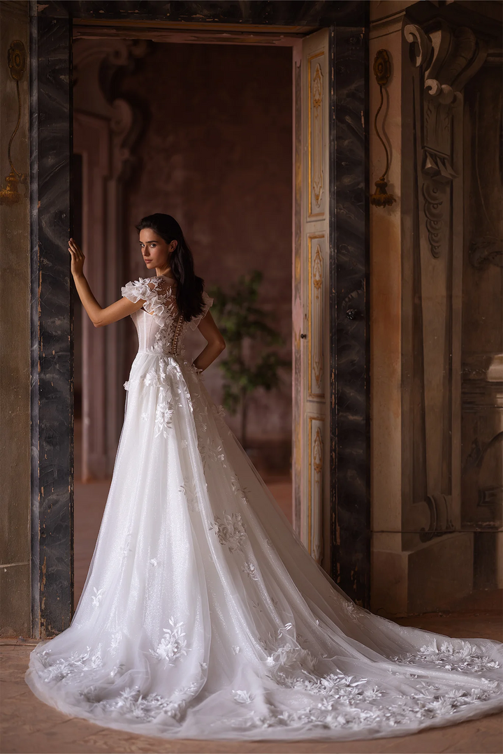 Ivory Lace Floral Wedding Dress with Puffed Sleeves and Convertible Train –  Tulle Mermaid Wedding Gown with Flower Embellishments Plus Size
