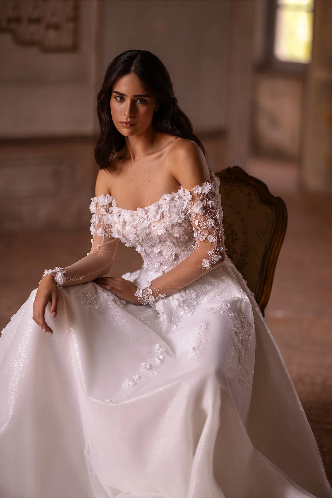 Ivory Floral A-Line Wedding Dress with Low-Cut Neckline – Off-Shoulder Wedding Dress with Pearly Sequins and Floral Motif Plus Size