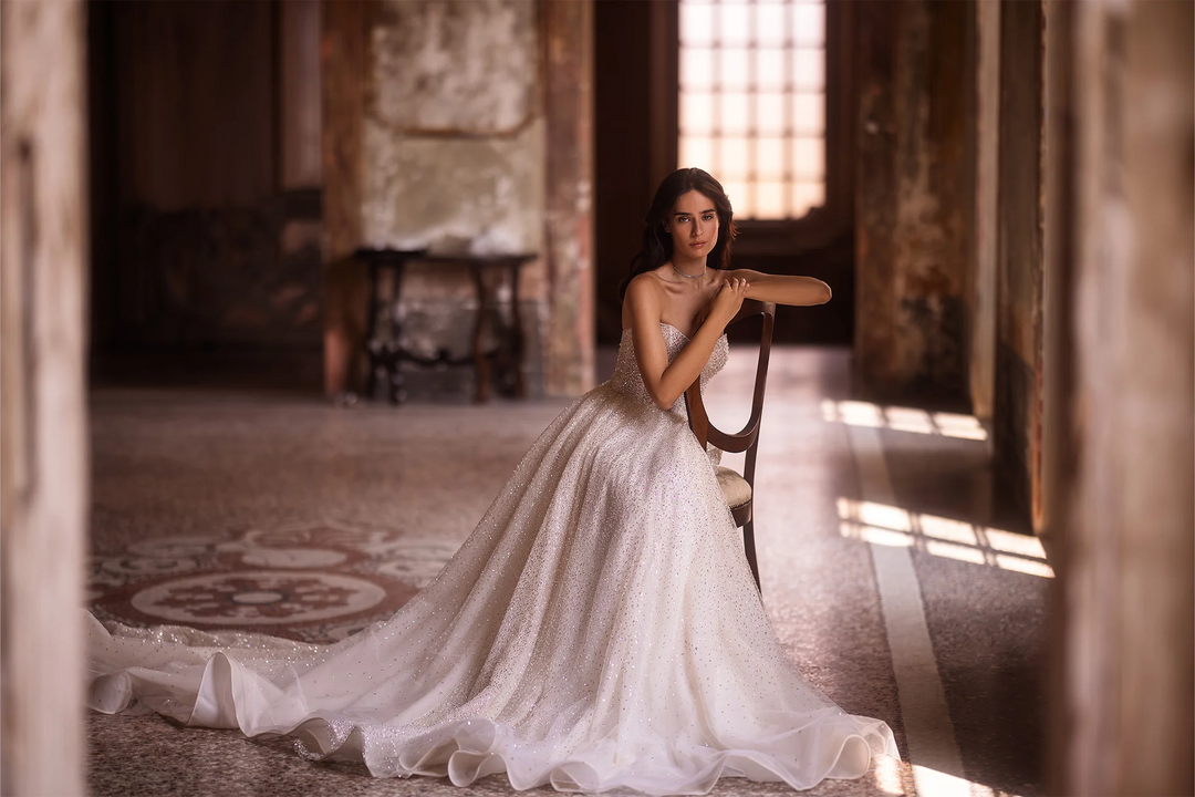 Ivory Lace A-Line Wedding Dress with Convertible Off-the-Shoulder Sleeves – Strapless Wedding Dress with Sequin and Long Train Plus Size