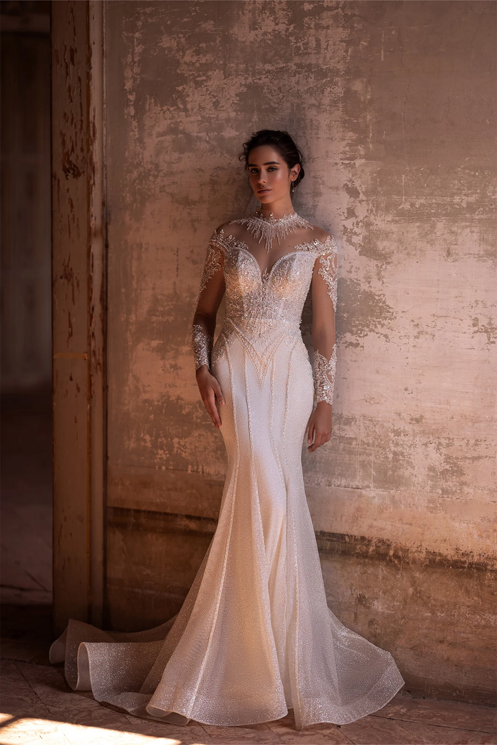 Ivory Sparkly Ball Gown Wedding Dress with Long Sleeves and Convertible Train - Embellished Mermaid Gown with Motif Details Plus Size
