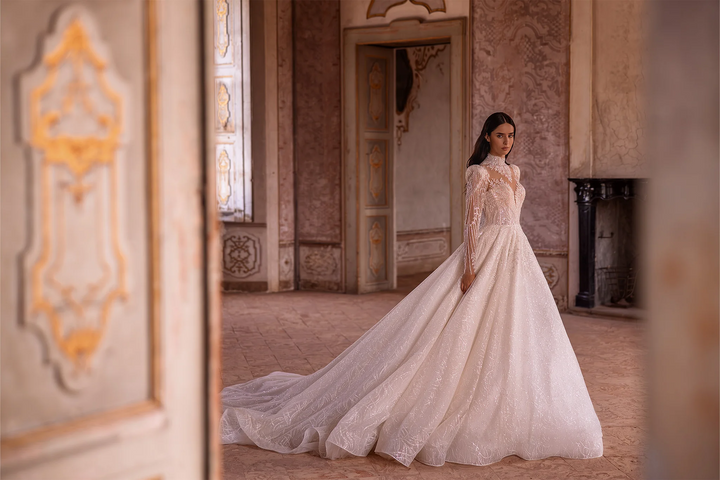 Ivory Long Sleeves Wedding Dress - Sparkly Ball Gown Wedding Dress with Jeweled Illusion Back – Embellished Gown with A-Line and Feminine Accents Plus Size
